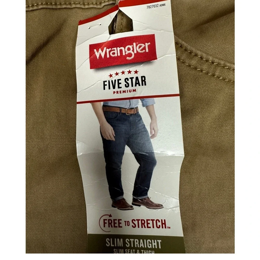 NEW Wrangler Five Star Premium Jeans Mens 40X30 Tan Slim Straight Stretch Denim
